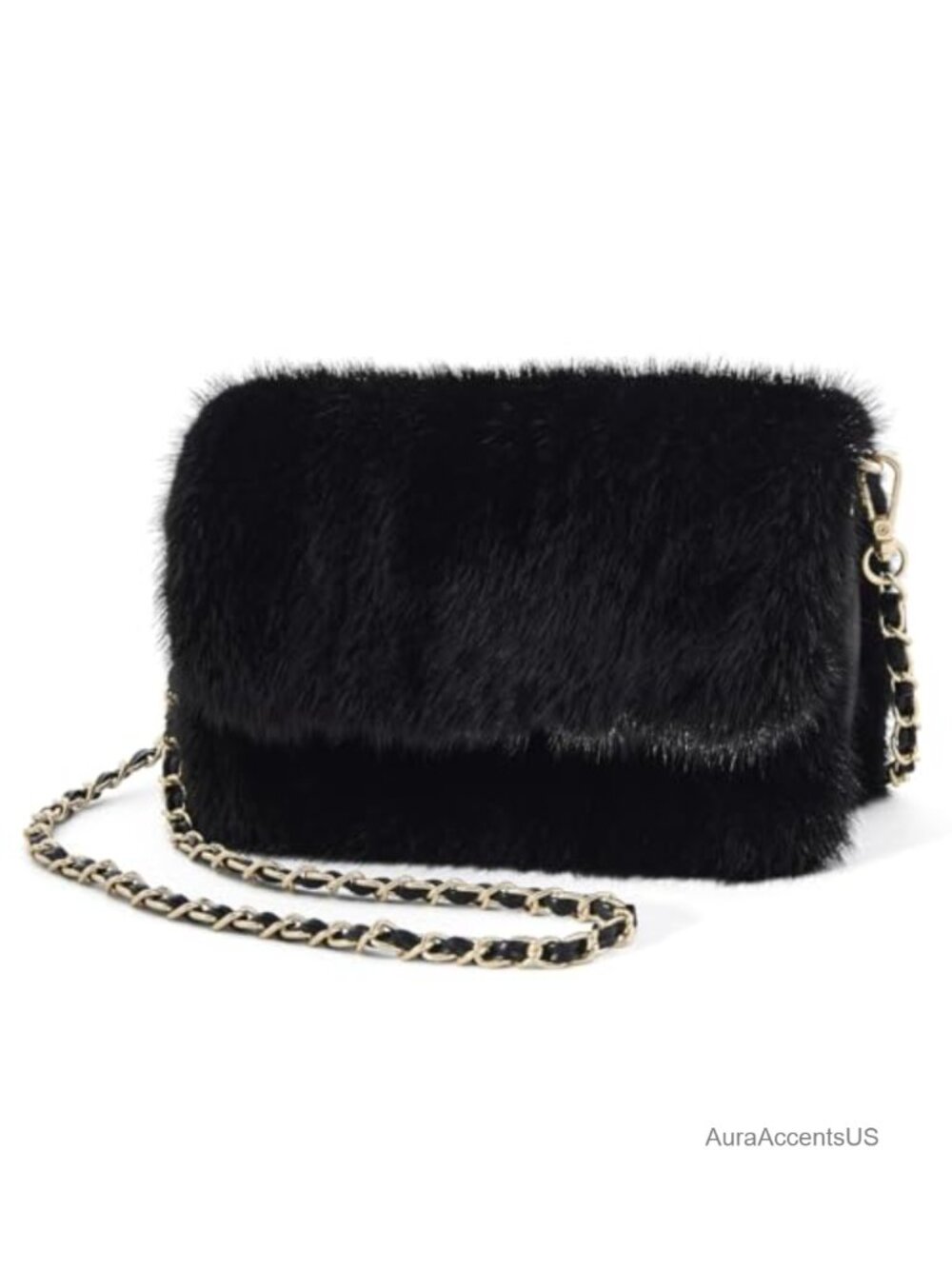 Mink Fur & Vegan Leather Evening Clutch Crossbody Bag with Metal Chain Strap